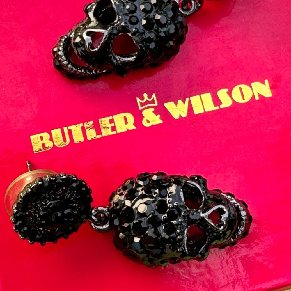 Vintage Black on Black Butler & Wilson Rhinestone Skull Dangling Earrings